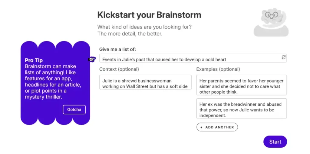 Sudowrite Brainstorm feature