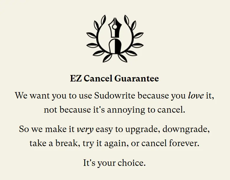 Sudowrite EZ Cancel Guarantee