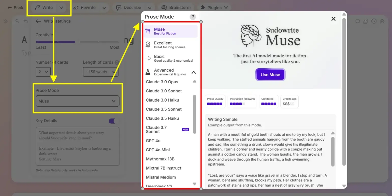 Sudowrite Prose Modes & Models