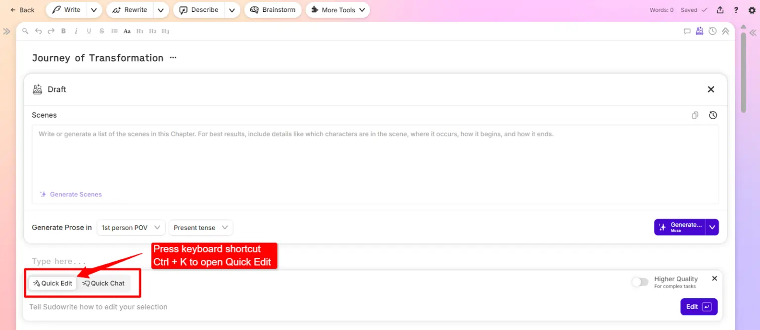 Sudowrite Quick Edit Feature