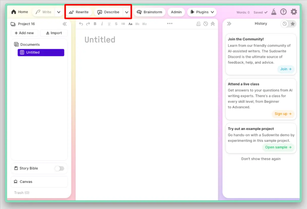 Sudowrite Rewrite and Describe feature
